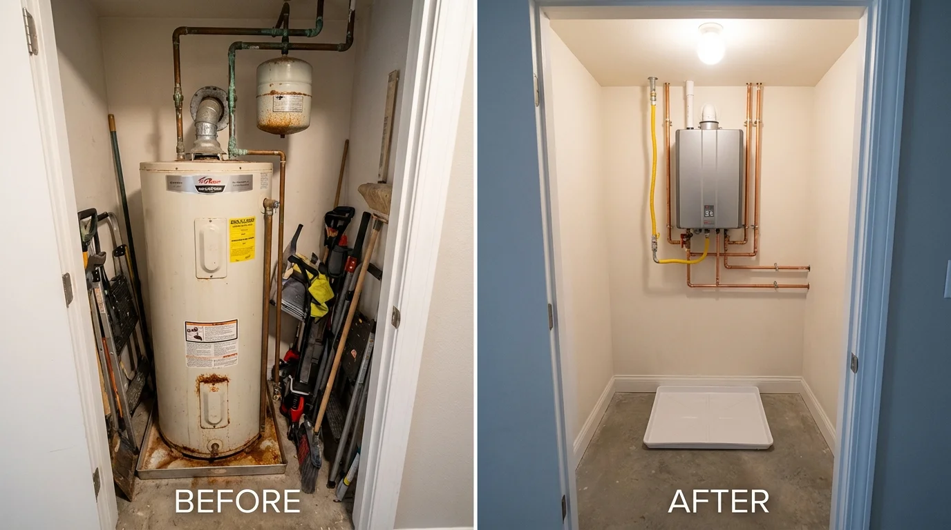 Tank water heater versus wall-mounted tankless unit comparison for Anderson, IN homeowners