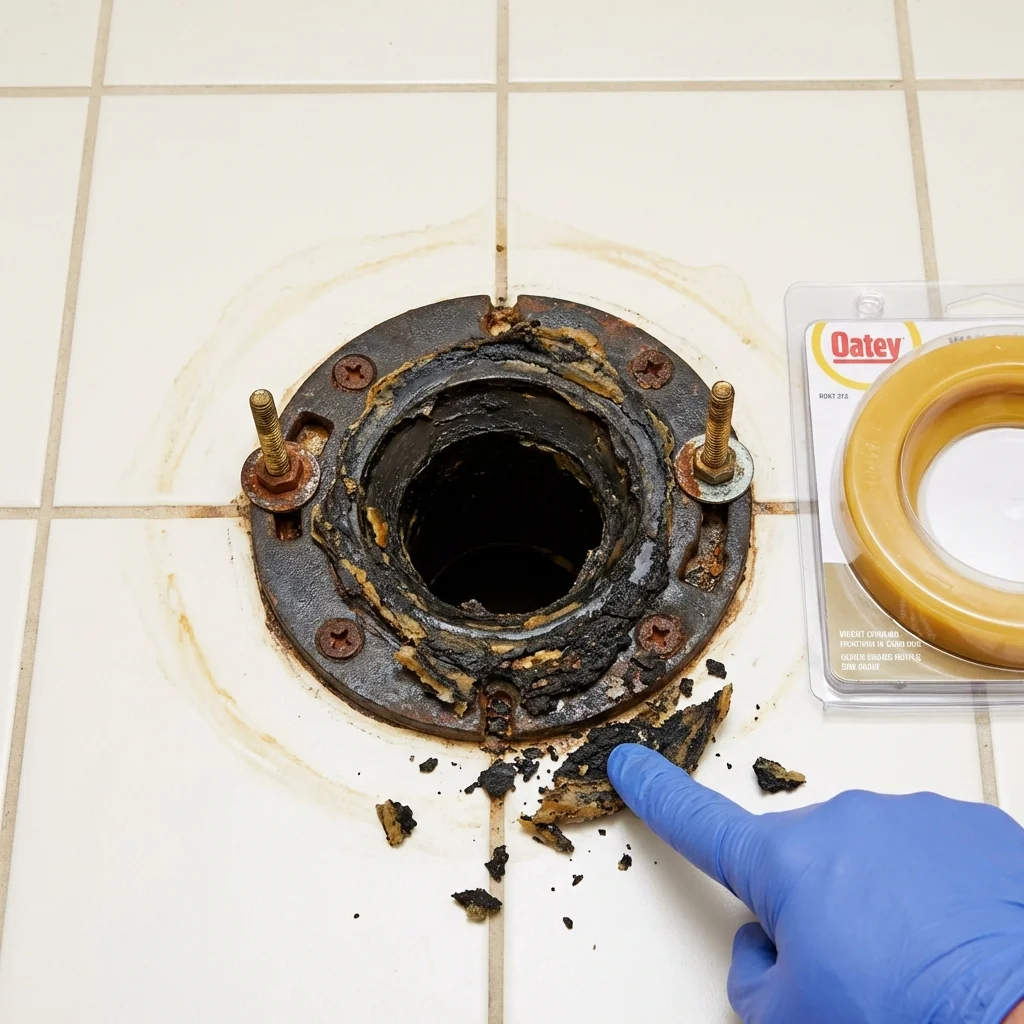 Failed wax ring showing water seepage at the base of a toilet in a Anderson, IN home