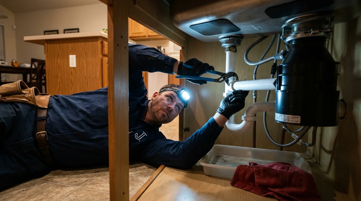 P-trap and supply line connections under a kitchen sink showing a common leak point in Anderson, IN